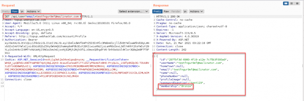 Fetching user data shows us a parameter named "membership".